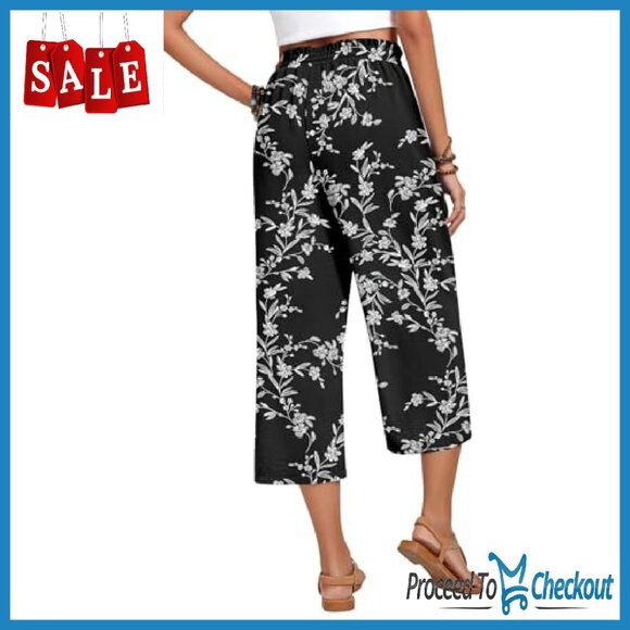 High Waist Wide Leg Capri Pants Drawstring Casual Lounge Palazzo Trousers - Picture 5 of 8